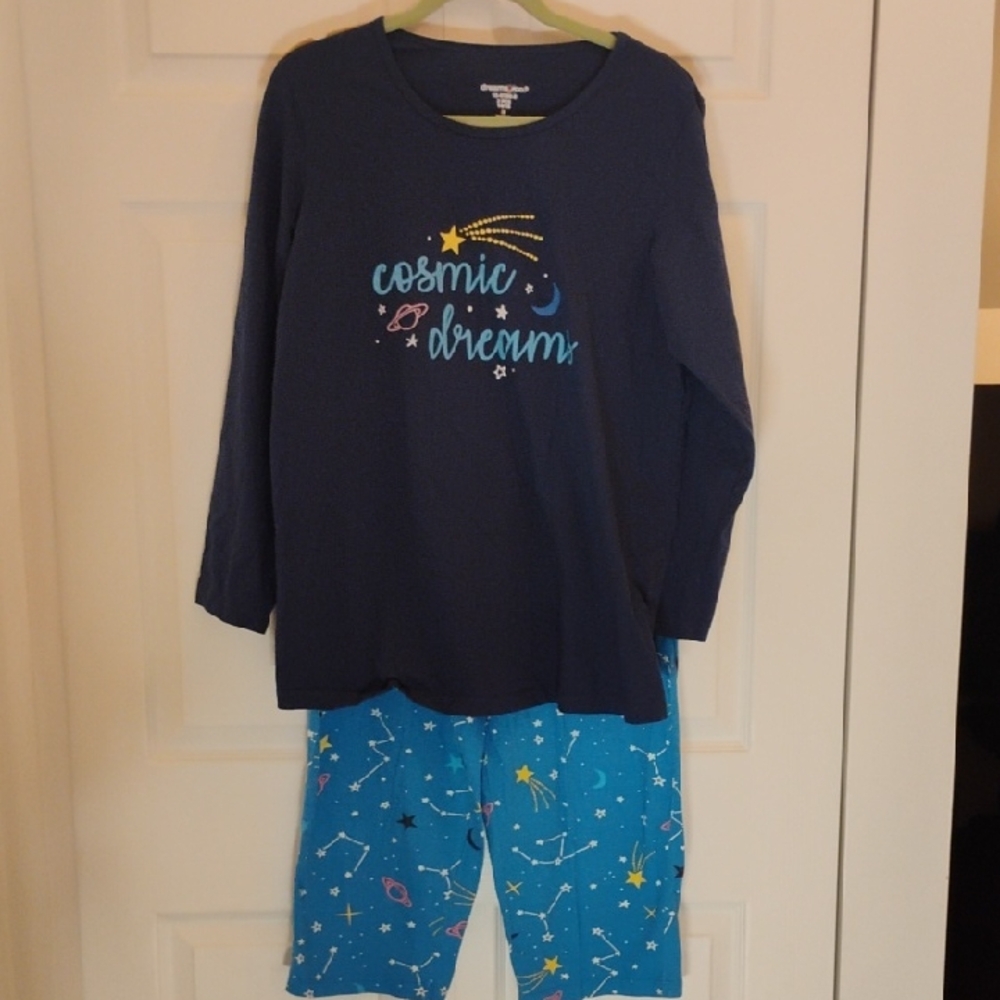 Navy Long-Sleeve Top and Blue Patterned Pant Pajama Set By Dreams CO